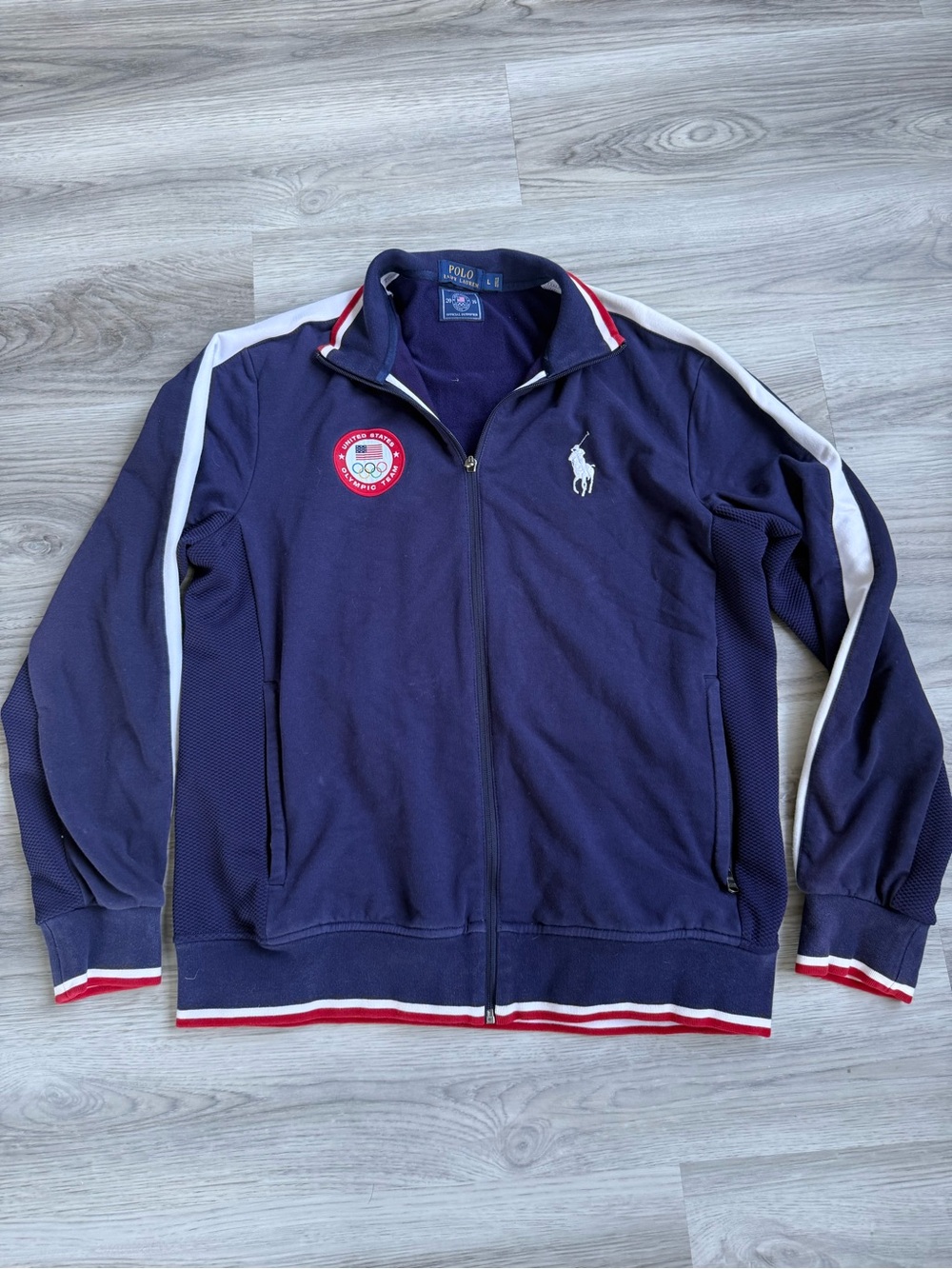 Polo by Ralph Lauren Navy Zip-Up Olympic Track Jacket with White Stripes